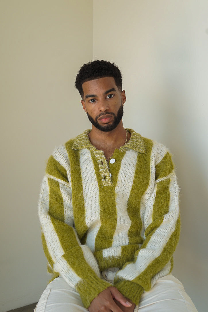 White–Green Striped Mohair Polo Sweater