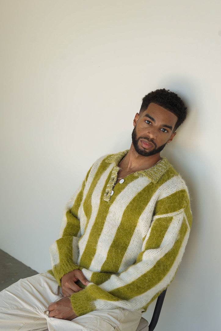 White–Green Striped Mohair Polo Sweater