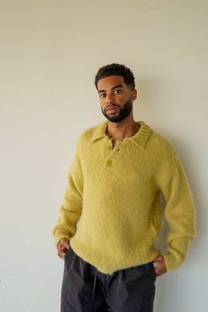 Mustard Yellow Ribbed Polo Mohair Unisex Sweater
