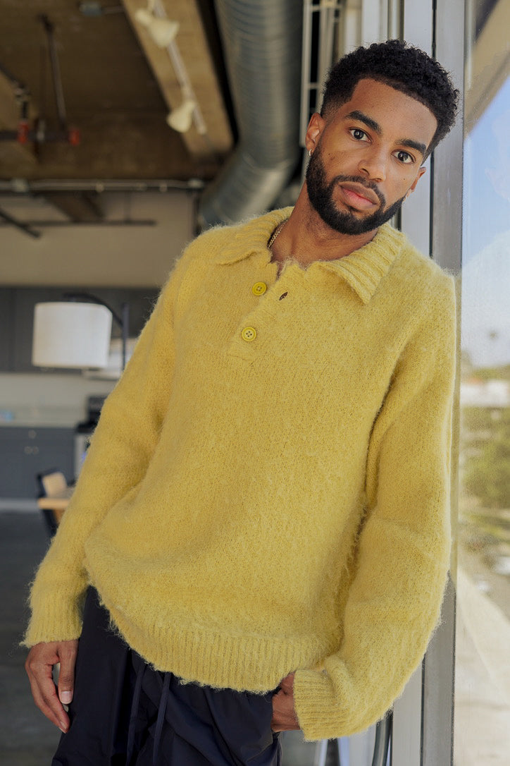 Mustard Yellow Ribbed Polo Mohair Unisex Sweater