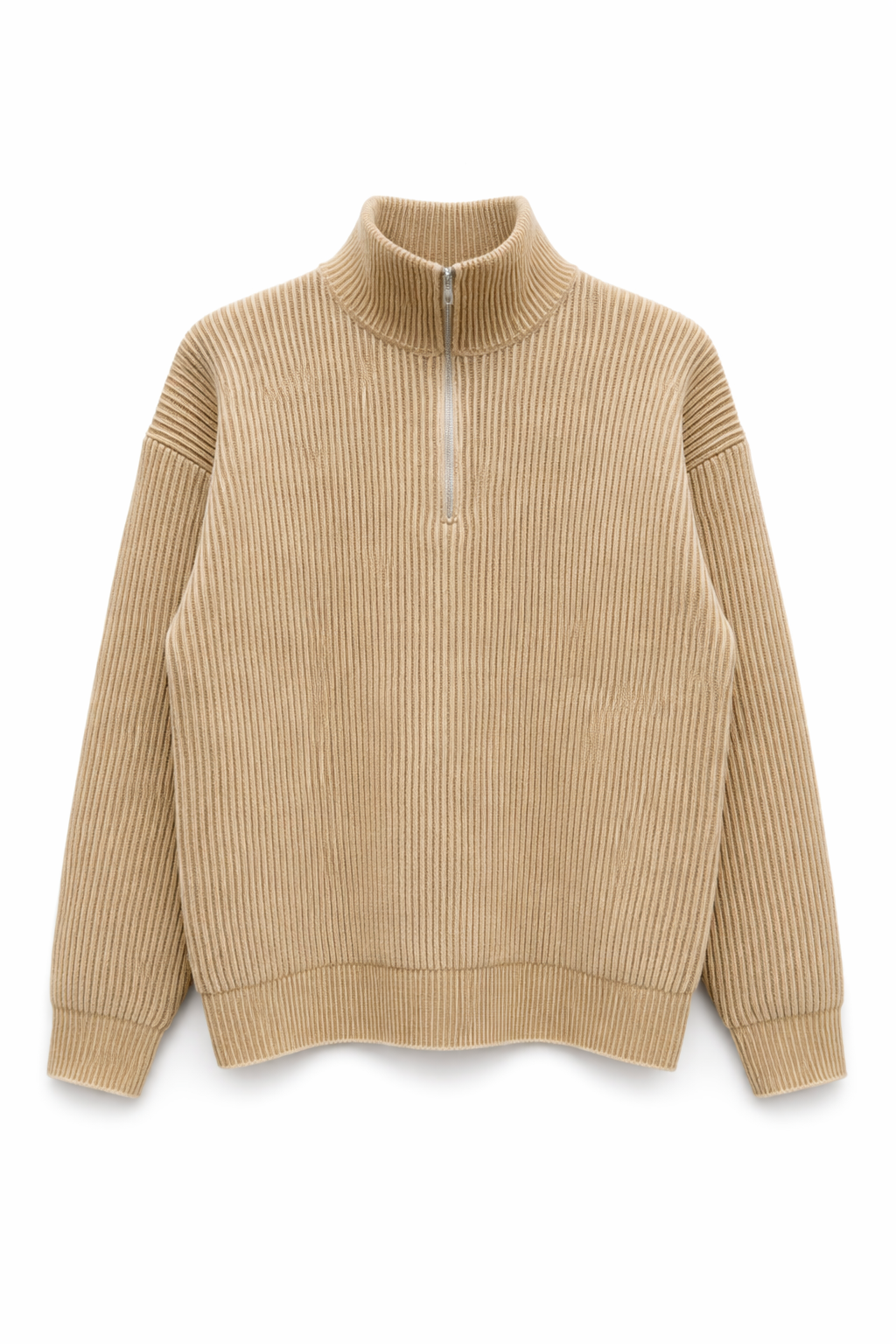 22NJ Sand Beige Ribbed Half Zip Knit Sweater