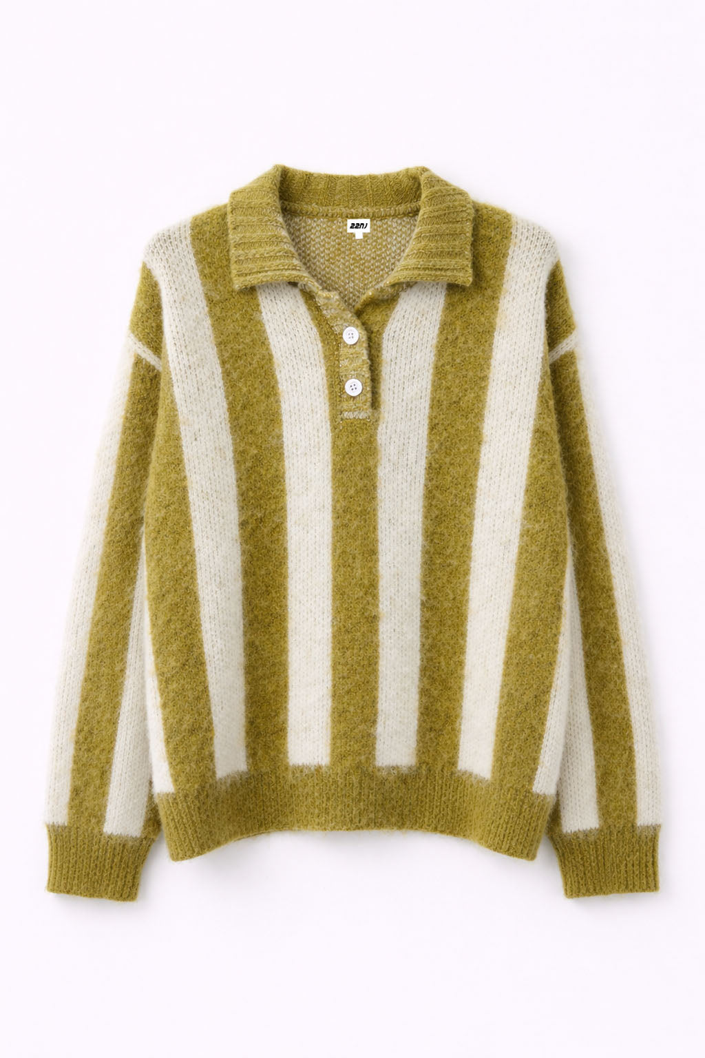 White–Green Striped Mohair Polo Sweater